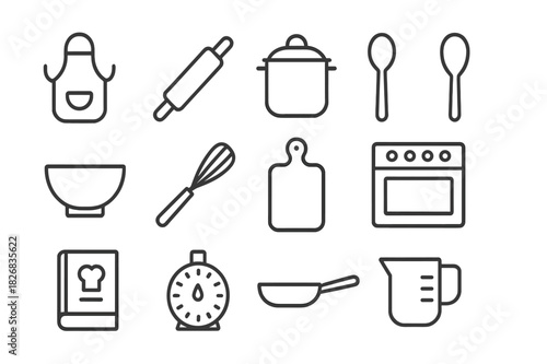 Homemade Cooking Icons. Homemade cooking. Line icon set of homemade cooking: apron, rolling pin, pot, spoon, bowl, whisk, cutting board, oven, cookbook, timer,