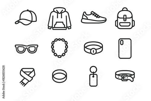 Minimal Streetwear Icons. Street fashion. Line icon set of street fashion: cap, hoodie, sneakers, backpack, sunglasses, chain necklace, wristband, phone case,