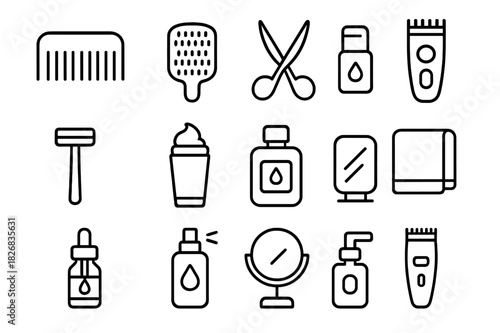 Beard Grooming Icons. Beard grooming. Line icon set of beard grooming: beard comb, beard brush, scissors, trimmer, razor, shaving cream, aftershave, towel, oil