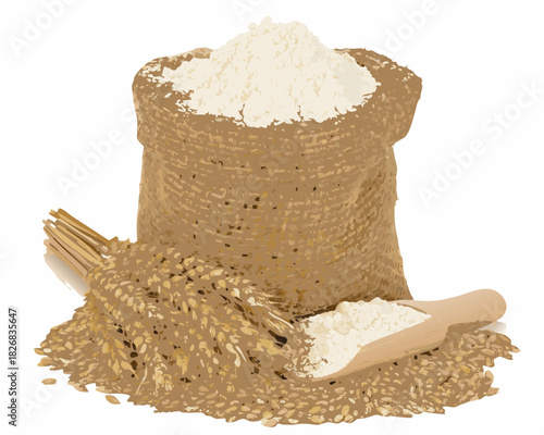 Bag of flour with wheat grains and wooden scoop