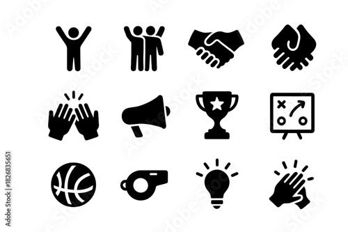 Motivational Icon Set. Motivational huddle. Solid icon set of motivational huddle: raising hands, cheering team, handshake, group circle, high-five, megaphone,