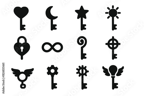 Symbolic Key Icons. Symbolic Keys. Solid icon set of Symbolic Keys: heart key, moon key, star key, sun key, infinity loop, lock heart, chain ring, spiral key,