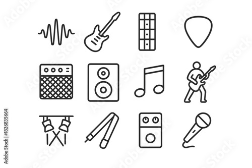 Guitar Solo Icons. Guitar Solo Illustration. Line icon set of Guitar Solo Illustration: sound wave, electric guitar, guitar neck, guitar pick, amplifier,