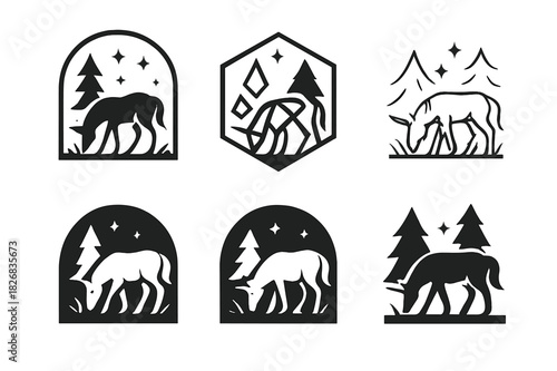 Unicorn Forest Logos. A unicorn grazing in a magical forest. Icon set. Set Logo of enchanted forest scene. harmonious logo variations of the same emblematic