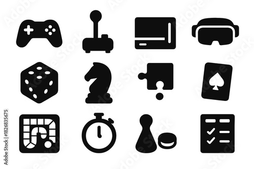 Gaming Icon Set. Gaming Icons. Solid icon set of game controller, joystick, console, VR headset, dice, chess piece, puzzle piece, playing card, board game,