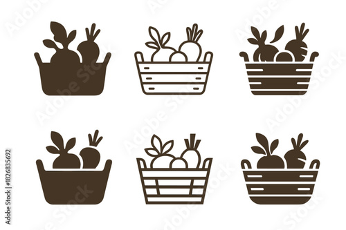 Produce Logo Variations. produce display. Icon set. Set Logo of produce display: baskets of assorted vegetables. harmonious logo variations of the same