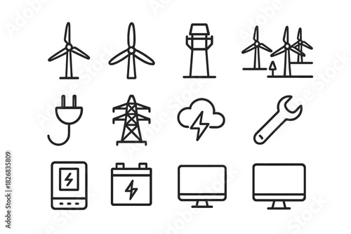 Wind Power Icon Set. Wind power systems. Line icon set of wind power systems: wind turbine, blades, control tower, wind farm, energy cable, power pole, cloud,