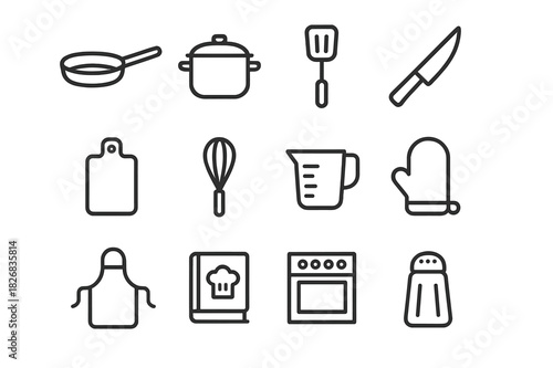 Beginner Cooking Icons. Cooking for beginners. Line icon set of cooking for beginners: frying pan, pot, spatula, knife, cutting board, whisk, measuring cup,