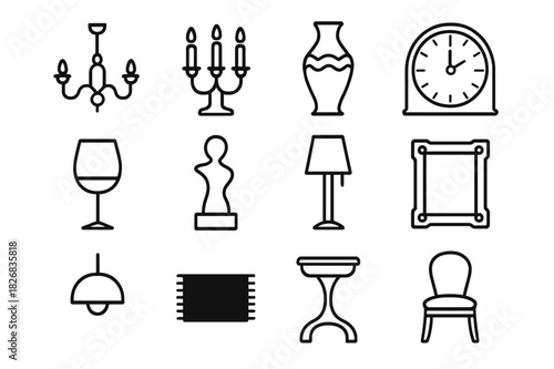 Luxury Decor Icons. Luxury Decor. Line icon set of Luxury Decor: chandelier, candle holder, decorative vase, elegant clock, wine glass, sculpture, floor lamp,