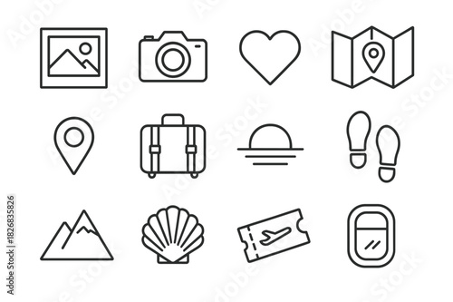 Travel Memory Icons. Travel memories. Line icon set of travel memories: photo frame, camera, heart, map, pin, suitcase, sunset, footprints, mountain, shell,
