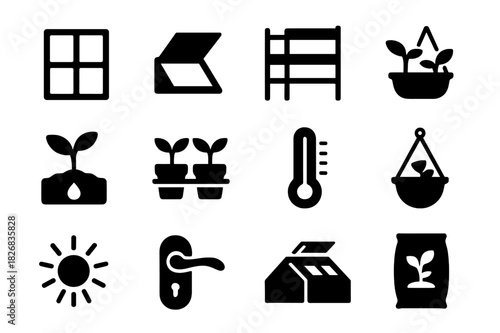 Greenhouse Icon Set. Greenhouse details. Solid icon set of Greenhouse details: glass panels, ventilation window, shelving racks, plant trays, drip irrigation,