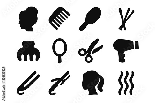 Classic Updo Toolkit Icons. Classic updo. Solid icon set of Classic updo: bun, comb, hairbrush, hairpins, hair clip, mirror, scissors, hair dryer,
