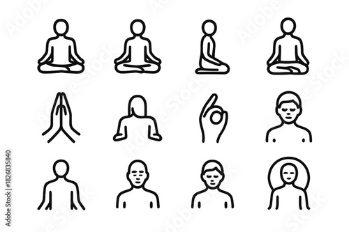 Meditation Icons Grid. Meditation posture. Line icon set of meditation posture: full lotus, half lotus, kneeling pose, cross-legged, hands in prayer, hands on