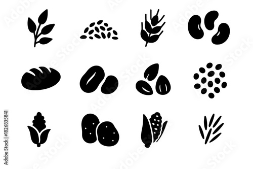 Whole Foods Icons. Whole foods. Solid icon set of whole foods: oats, brown rice, barley, beans, whole wheat bread, nuts, seeds, lentils, potatoes, corn on cob,