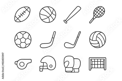 Sports Icon Set. Sports Equipment. Line icon set of Sports Equipment: football, basketball, baseball bat, tennis racket, soccer ball, hockey stick, golf club,