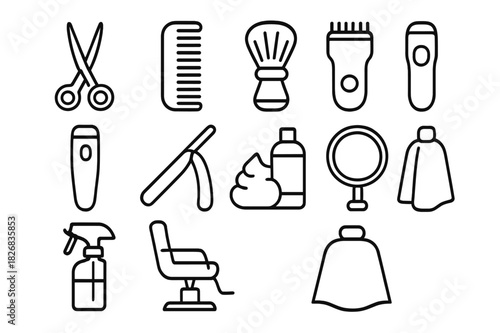 Barber Tools Icons. Barber tools. Line icon set of barber tools: scissors, razor, comb, brush, clipper, trimmer, straight razor, shaving foam, mirror, spray