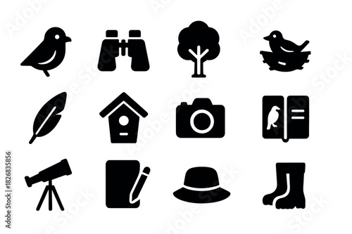 Bird Watching Icons. Bird observation. Solid icon set of Bird observation: bird, binoculars, tree, nest, feather, birdhouse, camera, field guide, telescope,