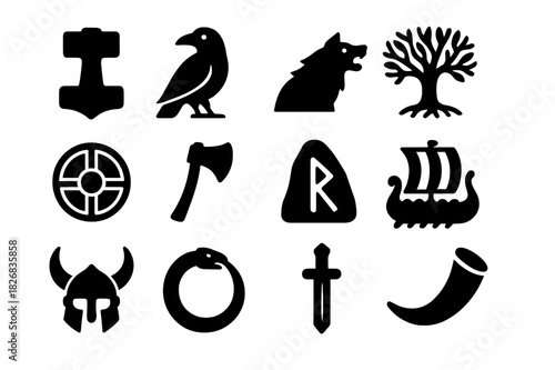 Norse Mythology Icons. Norse mythology. Solid icon set of Norse mythology: hammer, raven, wolf, tree of life, shield, axe, rune stone, ship, helmet, serpent,