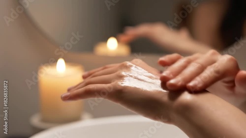 Wallpaper Mural Woman applying lotion to hands, with a candle in the background Torontodigital.ca