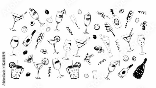 Hand drawn collection of various cocktails and drinks with festive elements