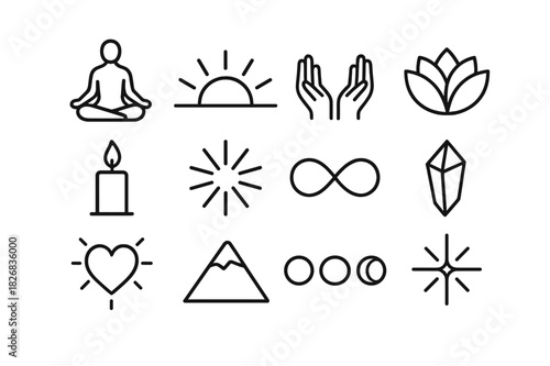 Spiritual Icon Set. Spiritual growth. Line icon set of spiritual growth: meditation figure, rising sun, open hands, lotus bloom, candle flame, light rays,
