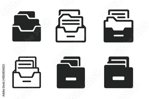 Filing Cabinet Logos. Filing documents in a filing cabinet. Icon set. Set Logo of Filing documents in a filing cabinet: Indexed files. harmonious