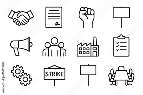 Labor Icons Set. Labor Organization Icons. Line icon set of Labor Organization Icons: handshake, contract, raised fist, protest sign, megaphone, group of