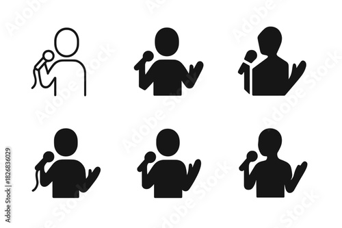 Motivational Speaker Logos. motivational speaker. Icon set. Set Logo of motivational speaker: person with microphone. harmonious logo variations of the same
