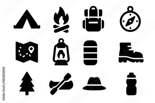 Camping Icon Set. Camping Adventure. Solid icon set of tent, campfire, backpack, compass, map, lantern, sleeping bag, hiking boots, tree, canoe, hat, water
