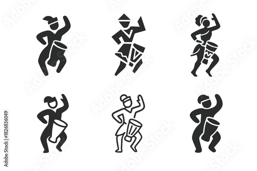 Cultural Dance Logos. Dancing at a cultural festival. Icon set. Set Logo of cultural dance: drums and performers. harmonious logo variations of the same