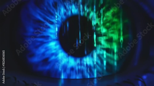 A close-up of a human eye with digital data cascading over its surface, emphasizing technology