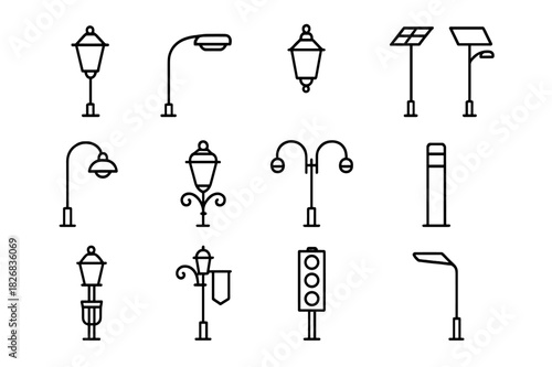 Street Light Icon Set. Street light types. Line icon set of Street light types: traditional lamp, LED light, hanging lantern, solar lamp, curved lamp post,