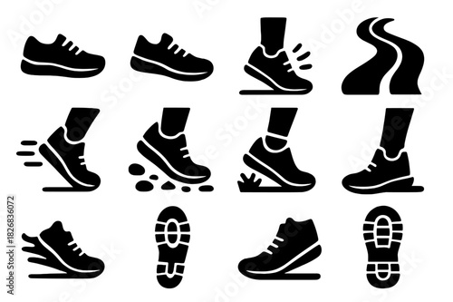 Running Shoe Icons. Motion Running. Solid icon set of running shoes, sneakers, foot striking ground, trail path, motion lines, socks, dirt, grass, pebble,