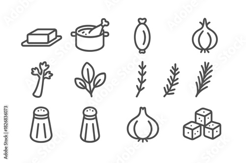 Savory Ingredients Icons. Savory Ingredients. Line icon set of Savory Ingredients: butter, chicken broth, sausage, onion, celery, sage, thyme, rosemary, salt,