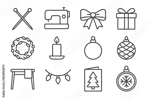 Holiday Crafting Icons. Holiday crafting essentials. Line icon set of Holiday crafting essentials: knitting needles, sewing machine, ribbon, gift box, wreath,