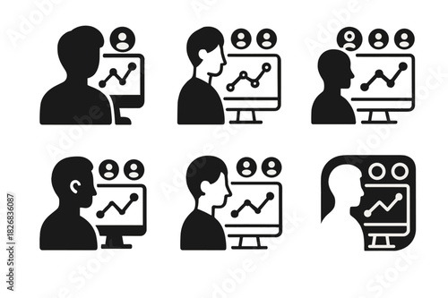 Digital Marketing Emblems. A digital marketing expert analyzing social media performance on a computer. Icon set. Set Logo of a digital marketing expert