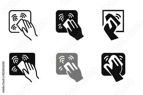 Fingerprint Cleaning Icons. Wiping fingerprints off glass. Icon set. Set Logo of wiping fingerprints off glass: hand with cloth cleaning smudged surface.