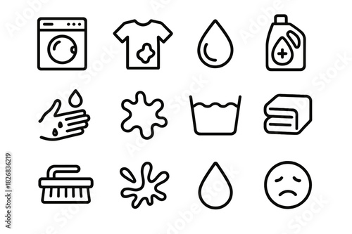 Laundry Icon Set. Laundry accidents. Line icon set of laundry accidents: washing machine, t-shirt, color droplet, detergent bottle, hand, stain, bucket, towel,