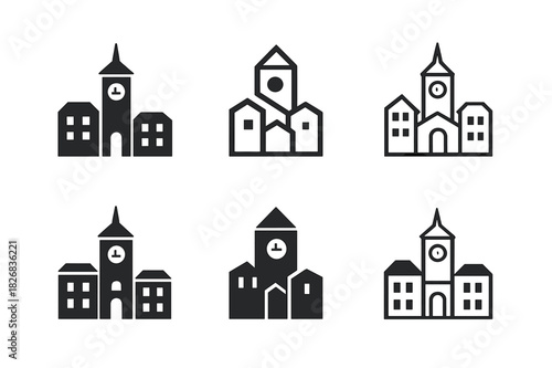 Town Square Icon Variations. town square. Icon set. Set Logo of town square: clock tower and surrounding buildings. harmonious logo variations of the same