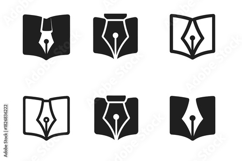 Fountain Pen Logo Variations. Professional journaling. Icon set. Set Logo of professional journaling: fountain pen. harmonious logo variations of the same