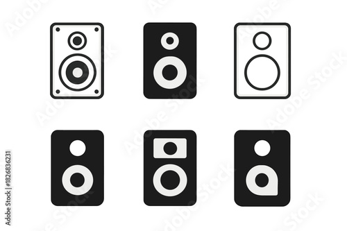 Sound System Logos. Sound system speaker. Icon set. Set Logo of sound system speaker: bookshelf speaker. harmonious logo variations of the same emblematic