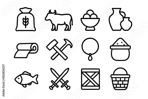 Barter Goods Icons. Barter and trade goods. Line icon set of Barter and trade goods: grain sack, livestock, spices, pottery, fabric roll, tools, jewelry, salt,