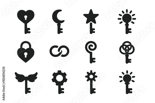 Symbolic Key Icons. Symbolic Keys. Solid icon set of Symbolic Keys: heart key, moon key, star key, sun key, infinity loop, lock heart, chain ring, spiral key,