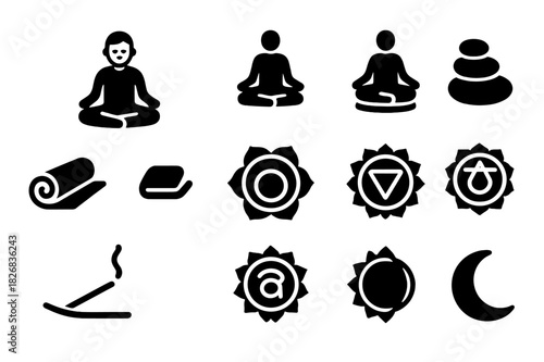 Meditative Icon Set. Meditative Posture. Solid icon set of person sitting cross-legged, lotus position, hands on knees, closed eyes, calm face, yoga mat,