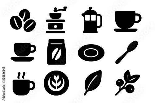 Coffee Icon Collection. Coffee preparation. Solid icon set of Coffee preparation: coffee beans, coffee grinder, French press, coffee cup, espresso shot, coffee