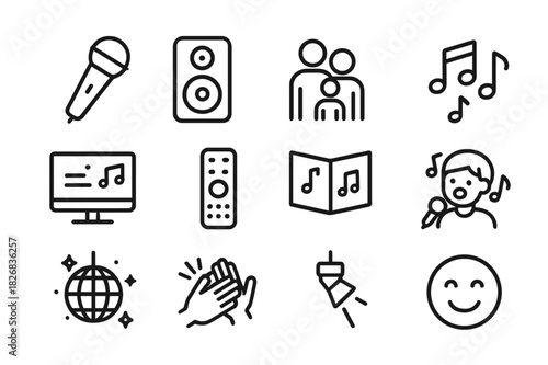 Family Karaoke Icons. Singing Karaoke as a Family. Line icon set of Singing Karaoke as a Family: microphone, speaker, family group, music notes, TV screen with