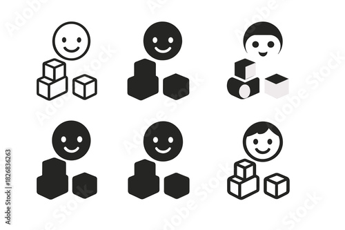 Toddler Playtime Icons. toddler playtime. Icon set. Set Logo of toddler playtime: building blocks and smiling face. harmonious logo variations of the same