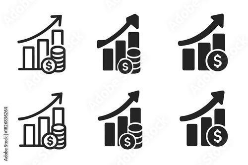 Small Business Icons. small business growth and challenges. Icon set. Set Logo of small business growth and challenges: financial growth icon with coin stack.
