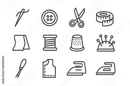 Sewing Essentials Icons. Sewing essentials. Line icon set of sewing essentials: needle, thread, button, scissors, tape measure, fabric, spool, thimble, pin