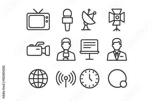 Broadcast Journalism Icons. Broadcast journalism. Line icon set of broadcast journalism: TV screen, microphone, satellite dish, studio light, camera, reporter,